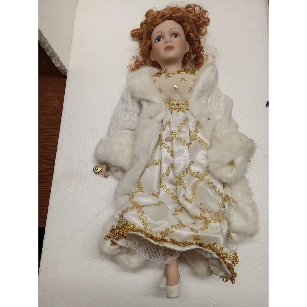 Porcelain Angel Doll Vintage Christmas  Red Auburn Hair  White Gold 19” 2005